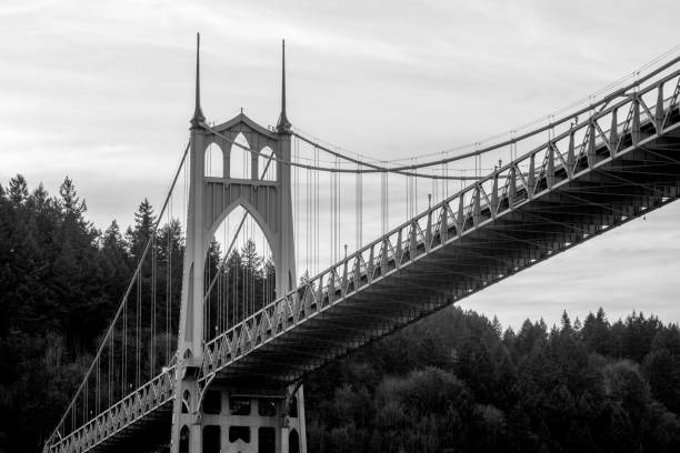 A symmetrical, high contrast, black and white image of the Brooklyn Bridge in New York City spanning the Manhattan and Brooklyn boroughs with the Manhattan skyline in the distance. 