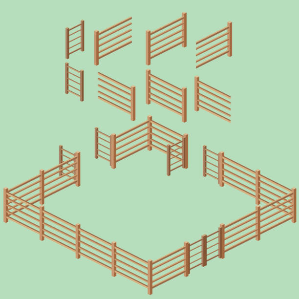 illustrations, cliparts, dessins animés et icônes de isométrique rail guide construction kit - farm fence