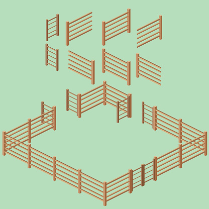 Isometric 2:1 rail fence building kit.