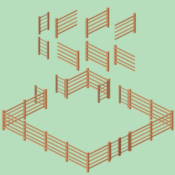 Isometric Rail Fence Building Kit Isometric 2:1 rail fence building kit. enclosure stock illustrations