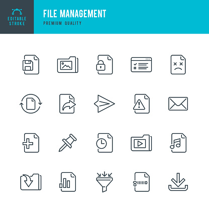 Set of file management thin line vector icons.