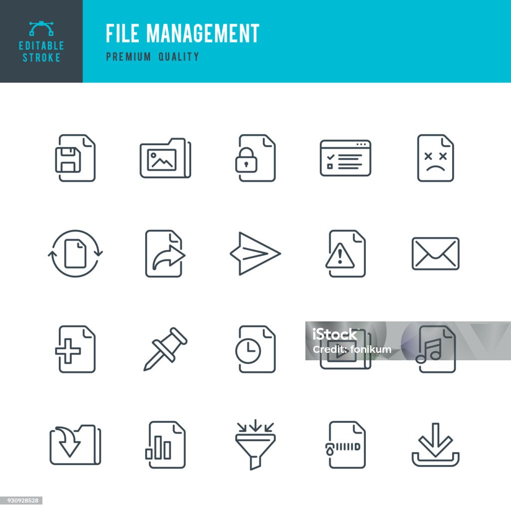 File Management - set of thin line vector icons Set of file management thin line vector icons. Icon Symbol stock vector