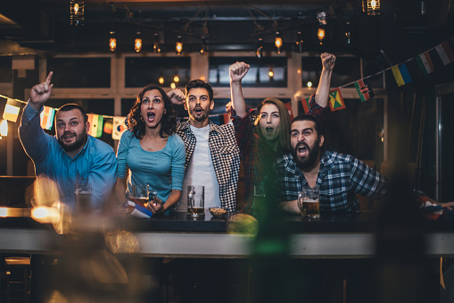 Group of friends cheering with beer in a pub