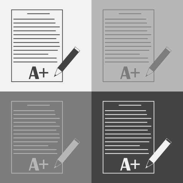 vektor icon set schule bilden mit noten. hervorragende testergebnis. das bild blatt papier mit einem bleistift - exam report card letter a test results stock-grafiken, -clipart, -cartoons und -symbole