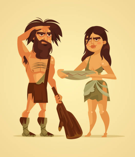 Happy neanderthals man and woman couple Happy neanderthals man and woman couple. Vector flat cartoon illustration two men hunting stock illustrations