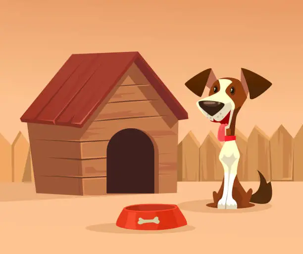 Vector illustration of Happy smiling dog character guards house