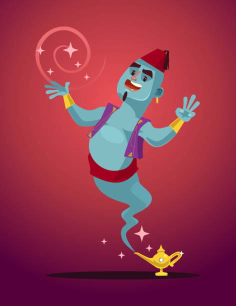 ilustrações, clipart, desenhos animados e ícones de feliz sorrindo personagem de mascote de homem de gênio da lâmpada mágica - genie