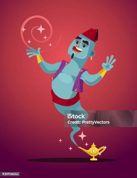 Happy Smiling Genie Man Mascot Character From Magic Lamp Stock Illustration - Download Image Now