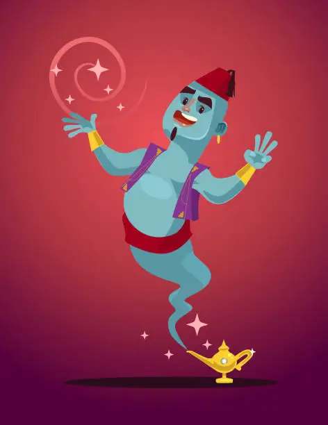 Vector illustration of Happy smiling Genie man mascot character from magic lamp