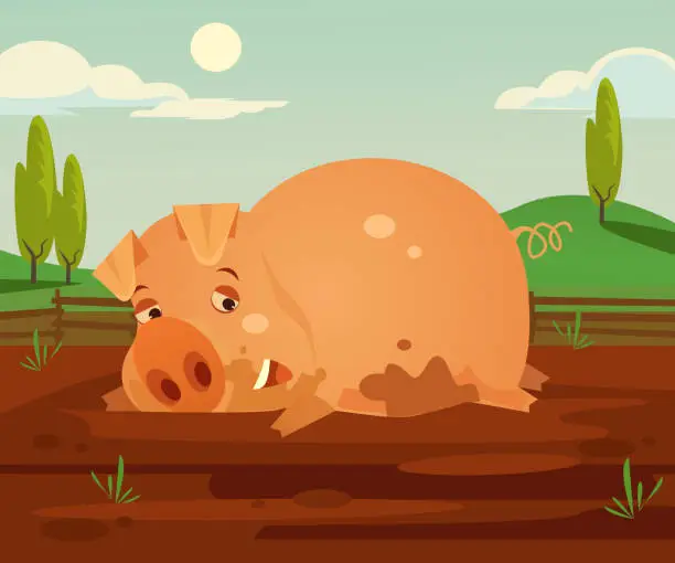 Vector illustration of Happy smiling pig character fun in dirty