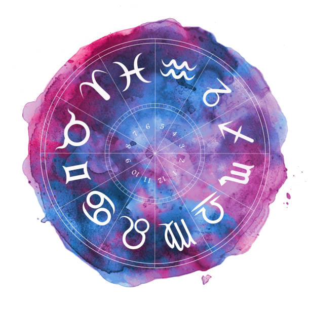 ilustraciones, imágenes clip art, dibujos animados e iconos de stock de símbolos del zodiaco en círculo acuarela - paintings sign astrology fortune telling