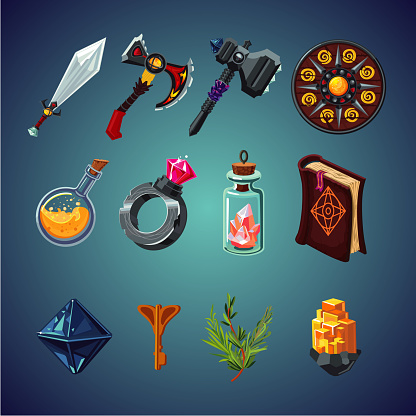 Legendary collection. Set of magic items for computer fantasy game. Isolated cartoon icons set.