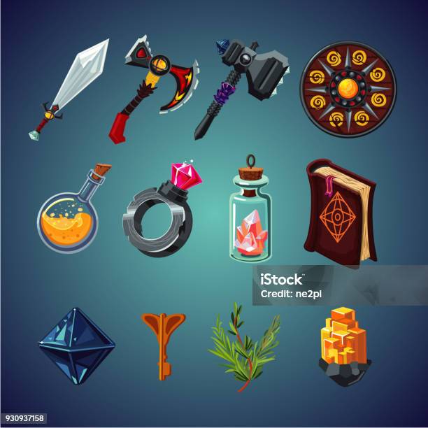 Set Of Magic Items For Computer Fantasy Game Isolated Cartoon Icons Set Stock Illustration - Download Image Now
