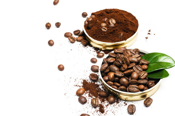 Fresh roasted coffee bean stands on a handful of ground coffee on a brown background. Isolated macro. Post card, banner. Copy space.