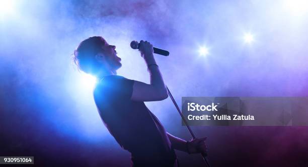 Singer With A Microphone Performing On Stage Stock Photo - Download Image Now - Singing, Singer, Stage - Performance Space