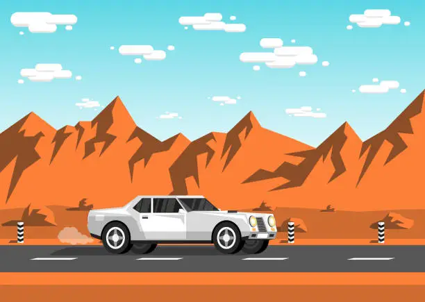 Vector illustration of White sedan car rides along an empty highway
