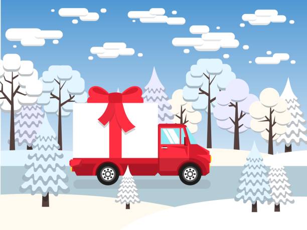 ilustraciones, imágenes clip art, dibujos animados e iconos de stock de carro rojo lleva entre bosque de invierno regalo enorme atado con un lazo rojo - lorif