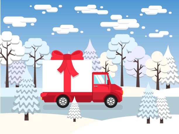 ilustrações, clipart, desenhos animados e ícones de caminhão vermelho carrega entre floresta de inverno presente enorme amarrado com um laço vermelho - car freight transportation new traffic