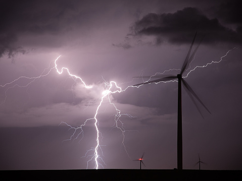 Night thunderstorm over a wind farm in Iowa (Midwest USA)