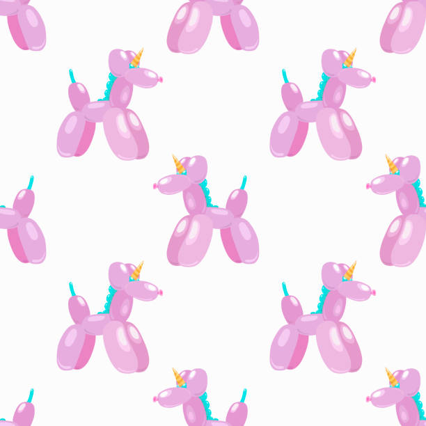 ballon-einhorn. nahtlose vektormuster von niedlichen cartoon bubble tier in zart rosa farbe isoliert auf weißem hintergrund. design-element für karte, t-shirt druck, einladung, verpackung, zubehör - balloon twisted shape animal stock-grafiken, -clipart, -cartoons und -symbole