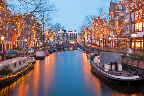Christmas time in Amsterdam the Netherlands at dusk stock photo