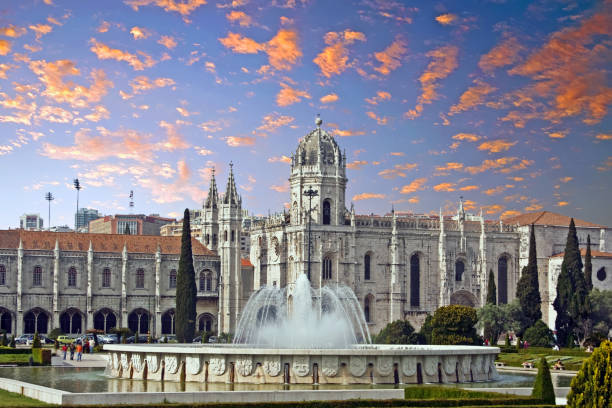 View on Jeronimos monastery in Lisbon Portugal at sunset stock photo