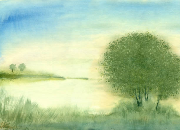 istock Watercolor landscape sunrise on the lake. 930975288