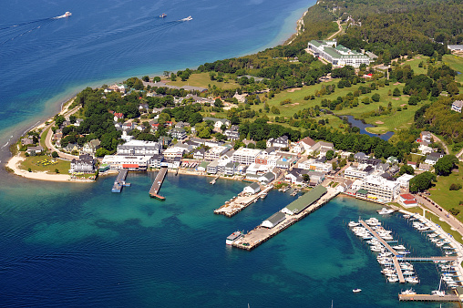 Aerial view of the downtown area of Mackinac Island, Michigan. The famous Grand Hotel is seen at the top right of the image. For an aerial closeup of the Grand Hotel, click on my aviation lightbox below.