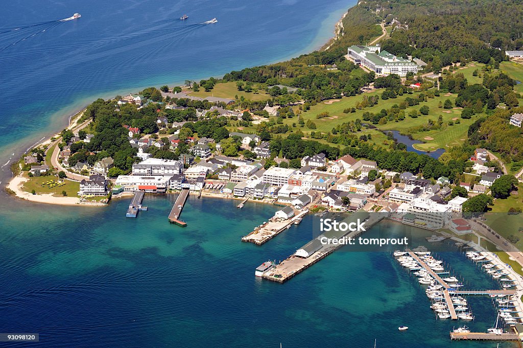 Aerial view of Mackinac Island, Michigan, USA Aerial view of the downtown area of Mackinac Island, Michigan. The famous Grand Hotel is seen at the top right of the image. For an aerial closeup of the Grand Hotel, click on my aviation lightbox below. Mackinac Island Stock Photo