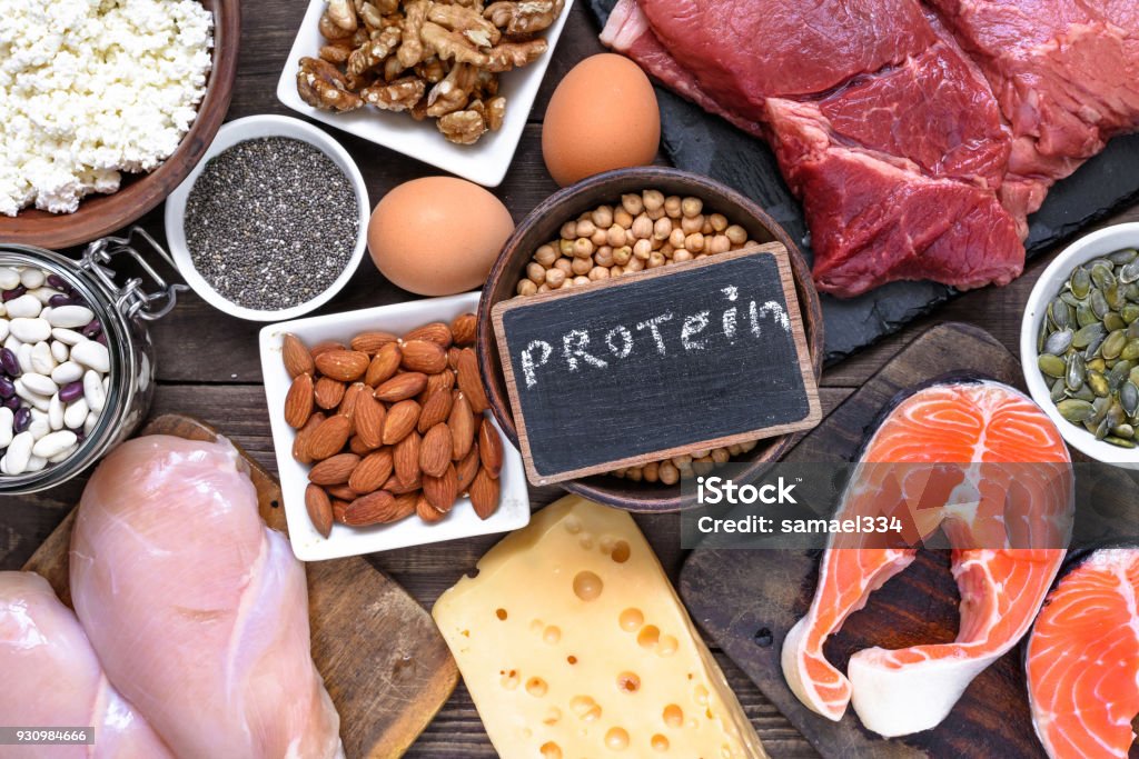 selection food sources of protein. healthy diet eating concep selection food sources of protein. healthy diet eating concept. top view Above Stock Photo