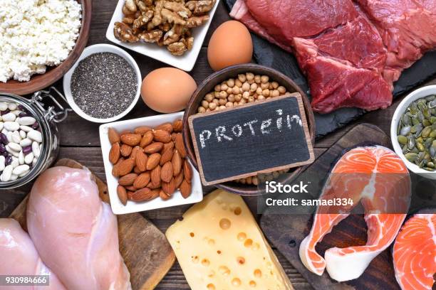 Selection Food Sources Of Protein Healthy Diet Eating Concep Stock Photo - Download Image Now
