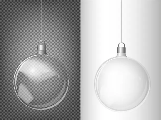 Vector illustration of Vector Christmas fir tree and realistic transparent silver Christmas ball on a light abstract background