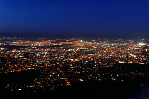 High angle view of Sofia, the capital of Bulgaria from Vitosha mountain at night.
