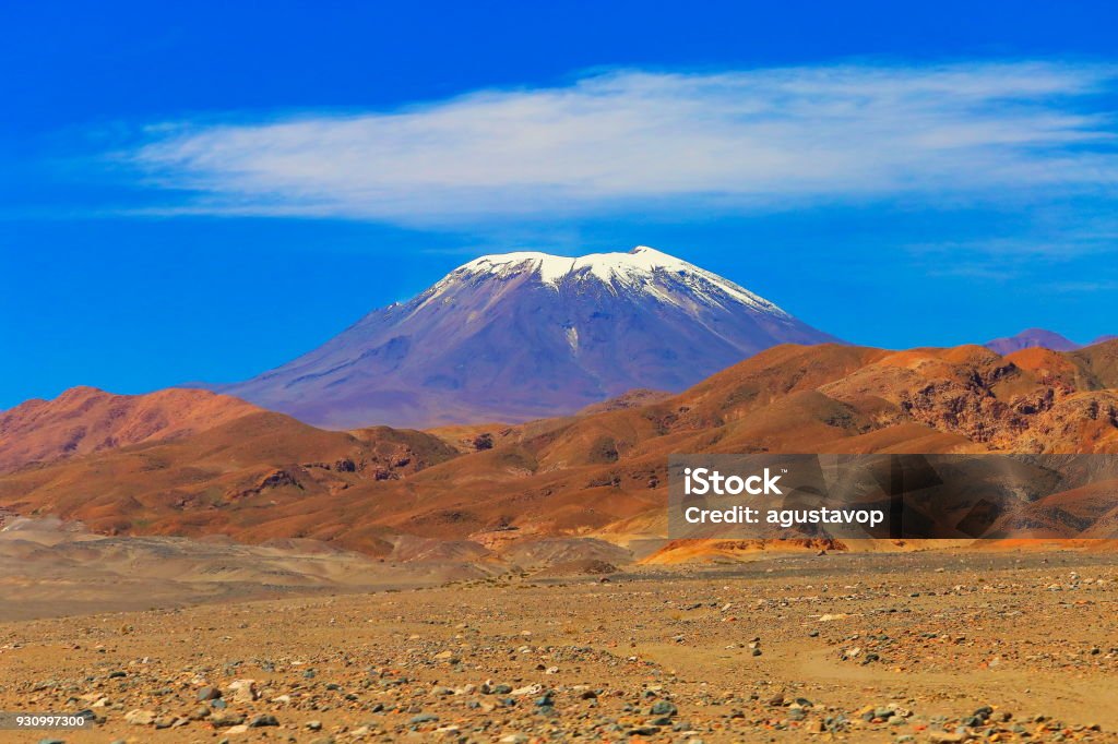 Snowcapped active Lascar volcano, Atacama Desert Volcanic landscape –  Chile Volcano Stock Photo