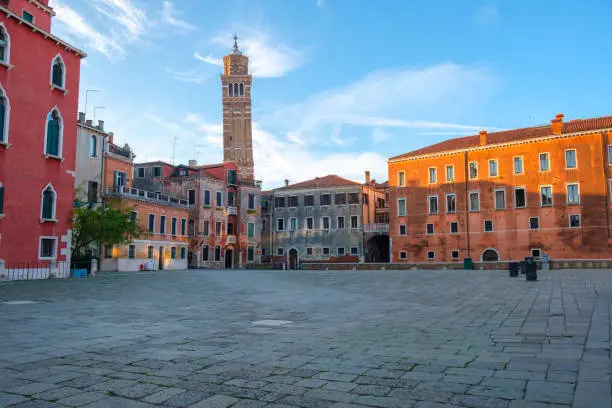 Campo San Anzolo square and the bell tower of the St, Stephan Church in Venice, Italy