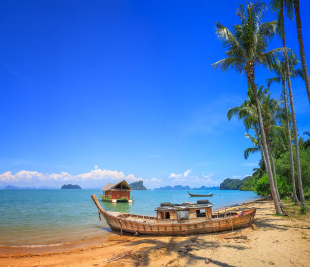 Old boat at beach with palm trees in Koh Yao Noi, Thailand Old boat and houseboat at beach with palm trees in Koh Yao Noi, Thailand phang nga bay stock pictures, royalty-free photos & images