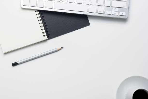 istock Office desk table with supplies. Flat lay Business workplace and objects. Top view. Copy space for text 931003312