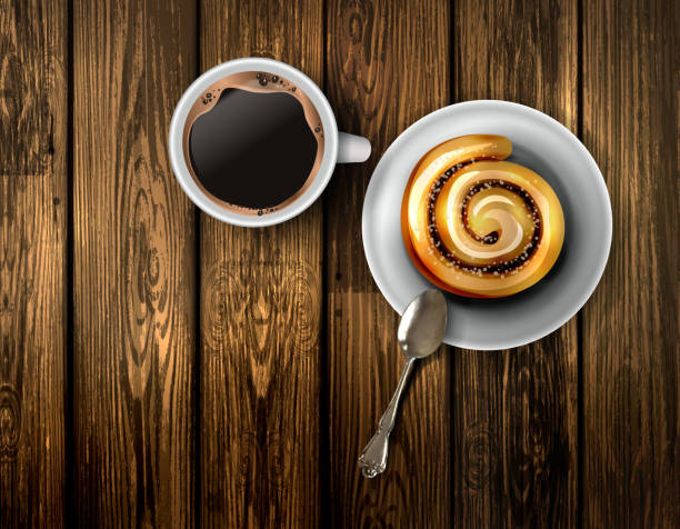 Coffee cup on a wooden table Coffee cup on a wooden table, With cinnamon roll vector illustration template design cinnamon roll stock illustrations