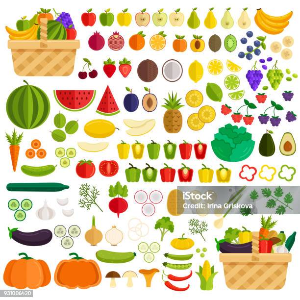 Gemüse Und Früchte Flache Elemente Isoliert Einfach Symbolsatz Zutaten In Korb Vektorflache Cartoonillustration Stock Vektor Art und mehr Bilder von Obst
