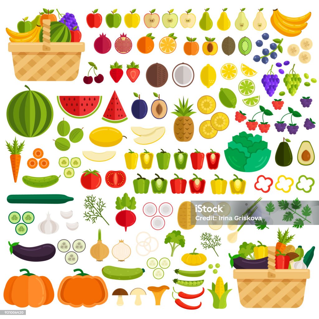Vegetables and fruits flat icon elements isolated simple set. Ingredients in basket. Vector flat cartoon illustration Vegetables and fruits flat icon elements isolated simple set. Ingredients in basket Fruit stock vector