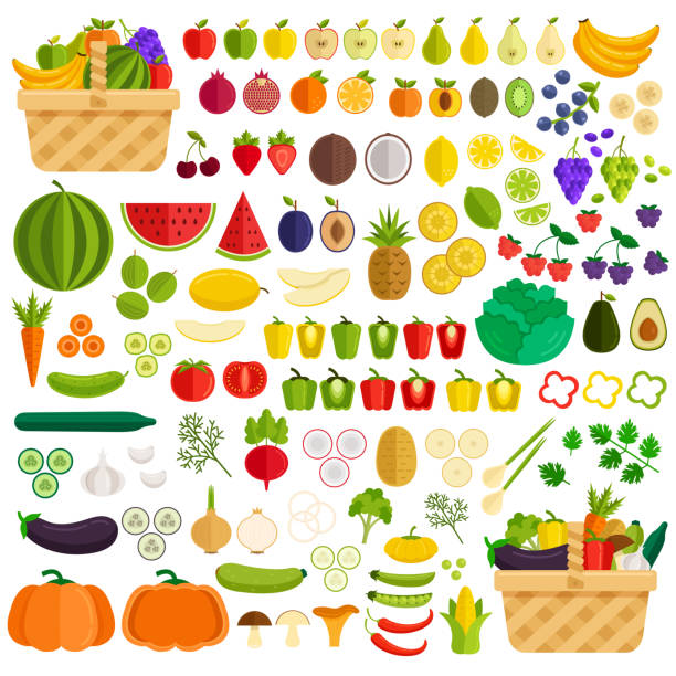 Vegetables and fruits flat icon elements isolated simple set. Ingredients in basket. Vector flat cartoon illustration Vegetables and fruits flat icon elements isolated simple set. Ingredients in basket fruit clipart stock illustrations