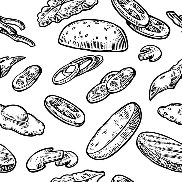 Seamless pattern ingredients burger include cutlet, tomato, cucumber and salad. Seamless pattern ingredients burger include cutlet, tomato, cucumber and salad. Vector vintage engraving illustration for poster, menu, web, banner, info graphic. Isolated on white background. Cutlet stock illustrations