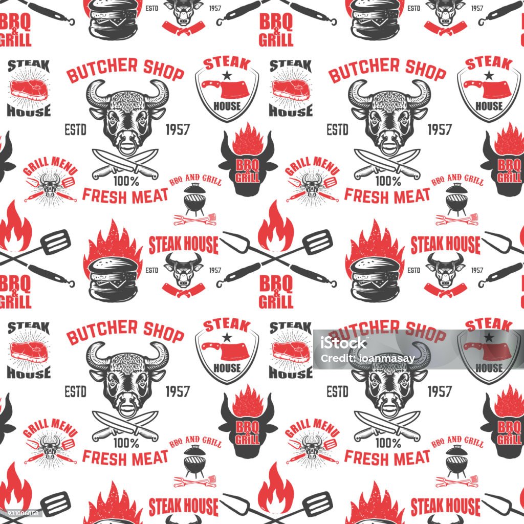 Seamless pattern with steak house symbols. Grill, bbq, fresh meat. Design element for poster, menu, flyer, banner, menu, package. Seamless pattern with steak house symbols. Grill, bbq, fresh meat. Design element for poster, menu, flyer, banner, menu, package. Vector illustration Bull - Animal stock vector