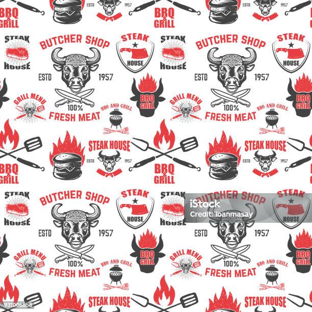 Seamless Pattern With Steak House Symbols Grill Bbq Fresh Meat Design Element For Poster Menu Flyer Banner Menu Package Stock Illustration - Download Image Now