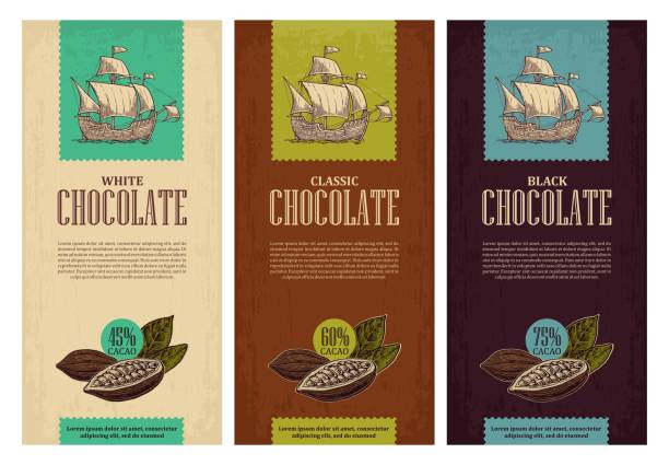 ilustrações, clipart, desenhos animados e ícones de conjunto de rótulo para chocolate com frutas de cacau e veleiro flutuando sobre as ondas do mar - plate ingredient food chocolate