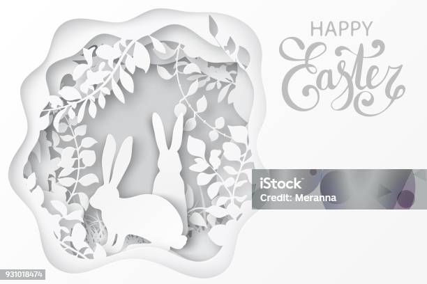 Easter Paper Art Spring Forest With Grass Branches Leaves Trees Covered With Climbers And Couple Of Easter Rabbits Holiday Origami Concept Nature And Animals Idea Stock Illustration - Download Image Now