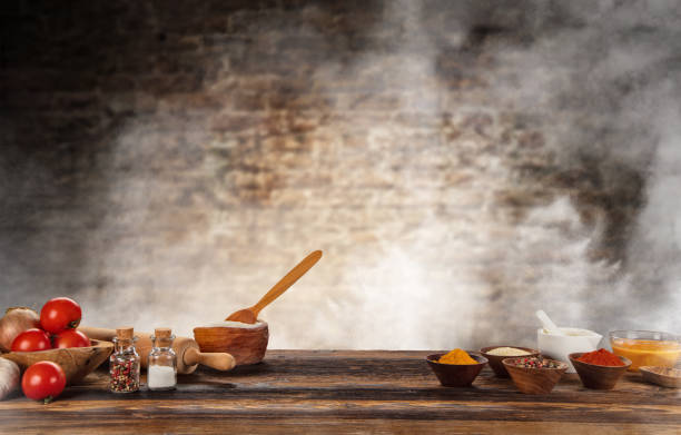 Kitchen Baking and cooking ingredients placed on wooden table