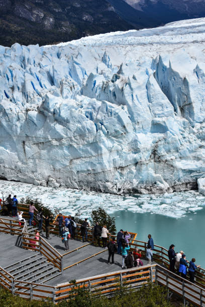 tourists take in views of the perito moreno glacier in patagonia, argentina - patagonia ice shelf vertical argentina imagens e fotografias de stock