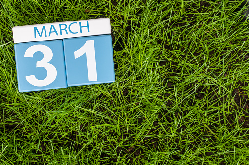 March 31st. Day 31 of month, calendar on football green grass background. Spring time, empty space for text.