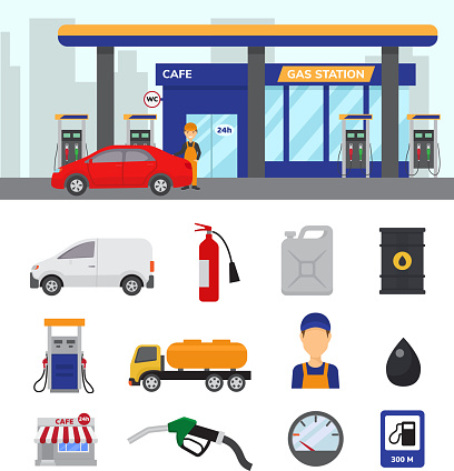 Gas station vector gasoline fuel or petrol and diesel for refueling cars illustration set of transportation refuel icons isolated on white background.